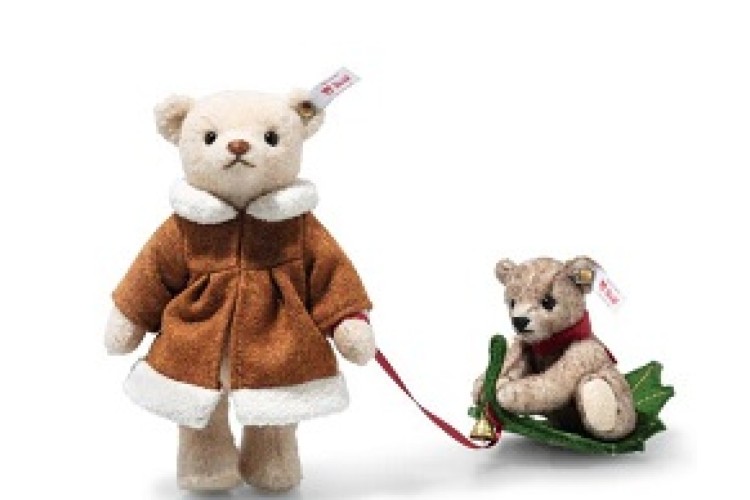 Steiff Mama Teddy bear with child on Holly Express (005862) 16cm
